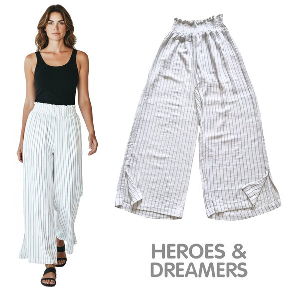 Heroes & Dreamers Pants - HEROES & DREAMERS Smocked Waist Wide Leg Cotton Blend Striped Pants Size L